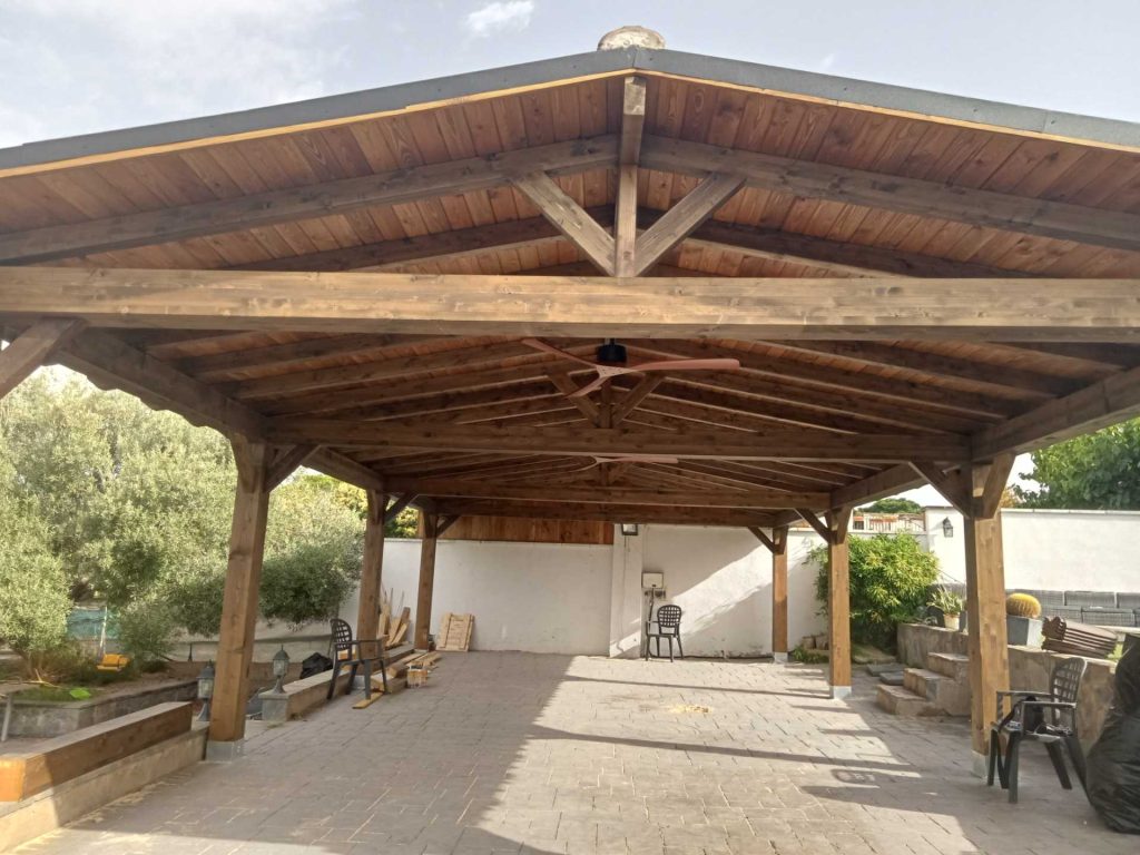 Outdoor wooden pavilion interior